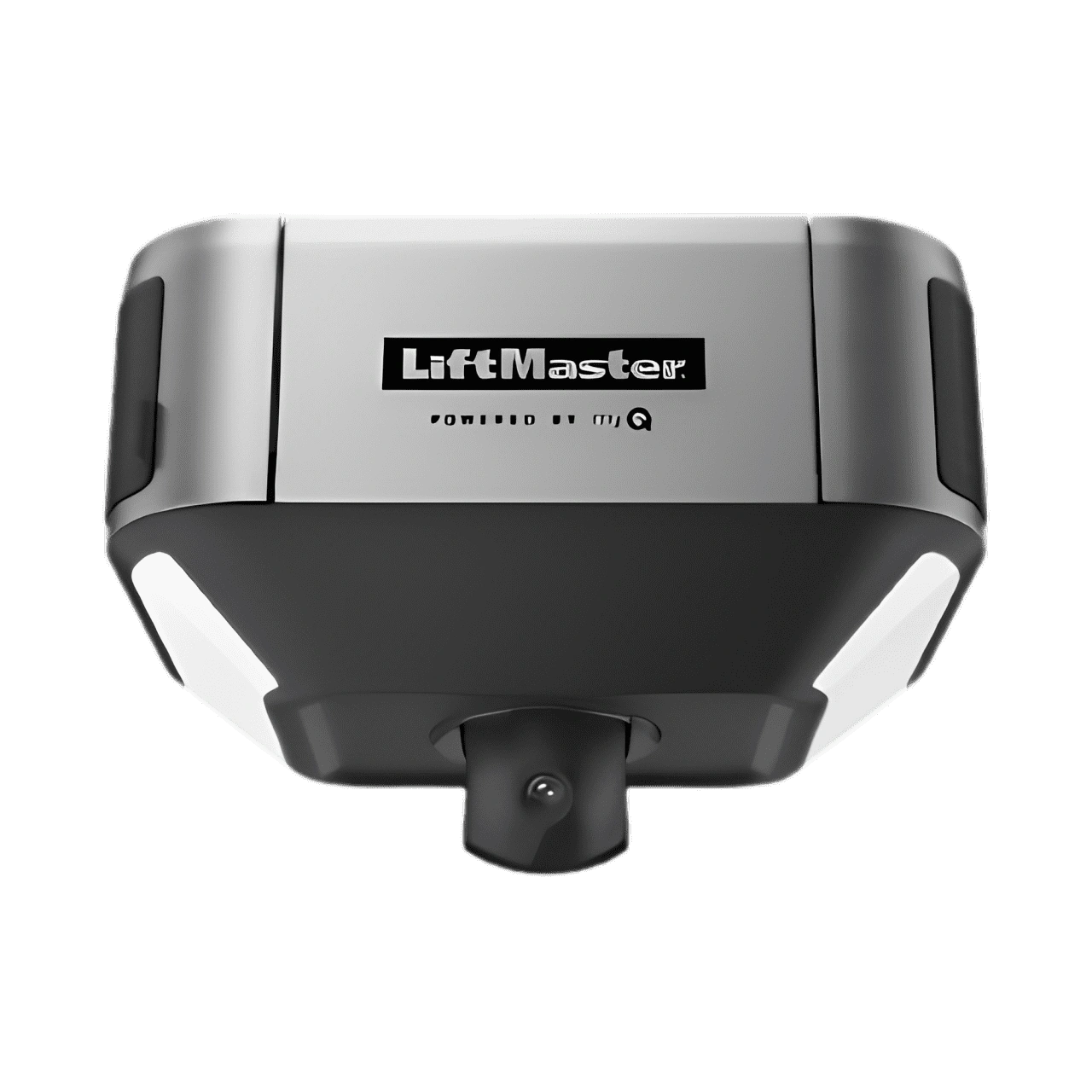 A sleek, silver and black LiftMaster garage door opener shown from a low angle, featuring built-in LED light panels and an integrated camera on the bottom.