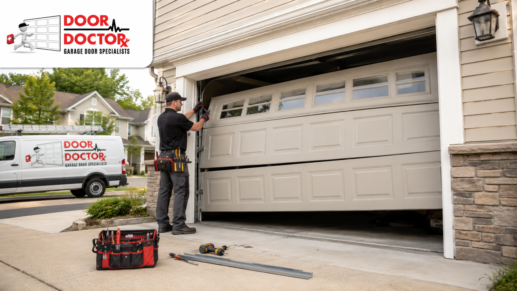Door Doctor technician inspecting a partially open garage door during a garage door repair service visit at a Northern Virginia home.