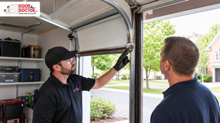 Door Doctor VA technician inspecting rust and roller issues on a residential garage door in Sterling, VA.