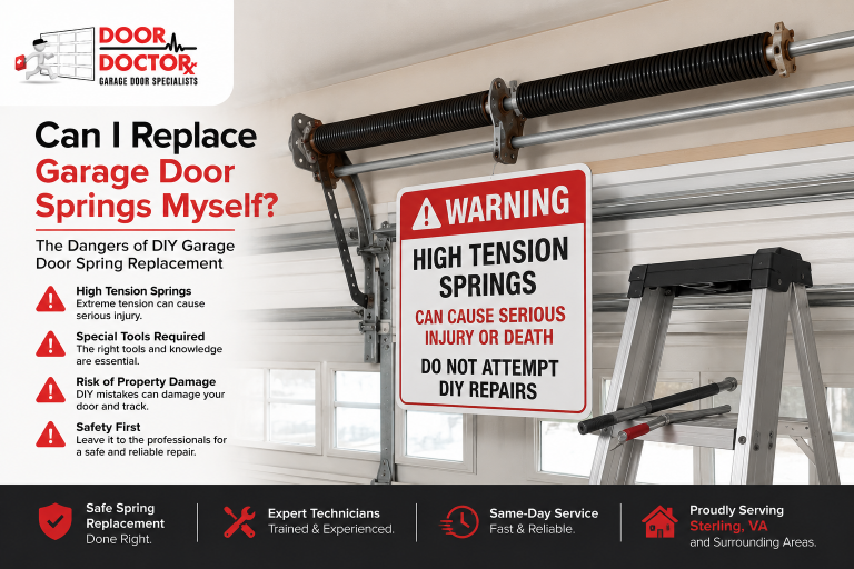 Door Doctor VA warning graphic showing high-tension garage door springs inside a garage, explaining why DIY spring replacement is dangerous for Sterling, VA homeowners.