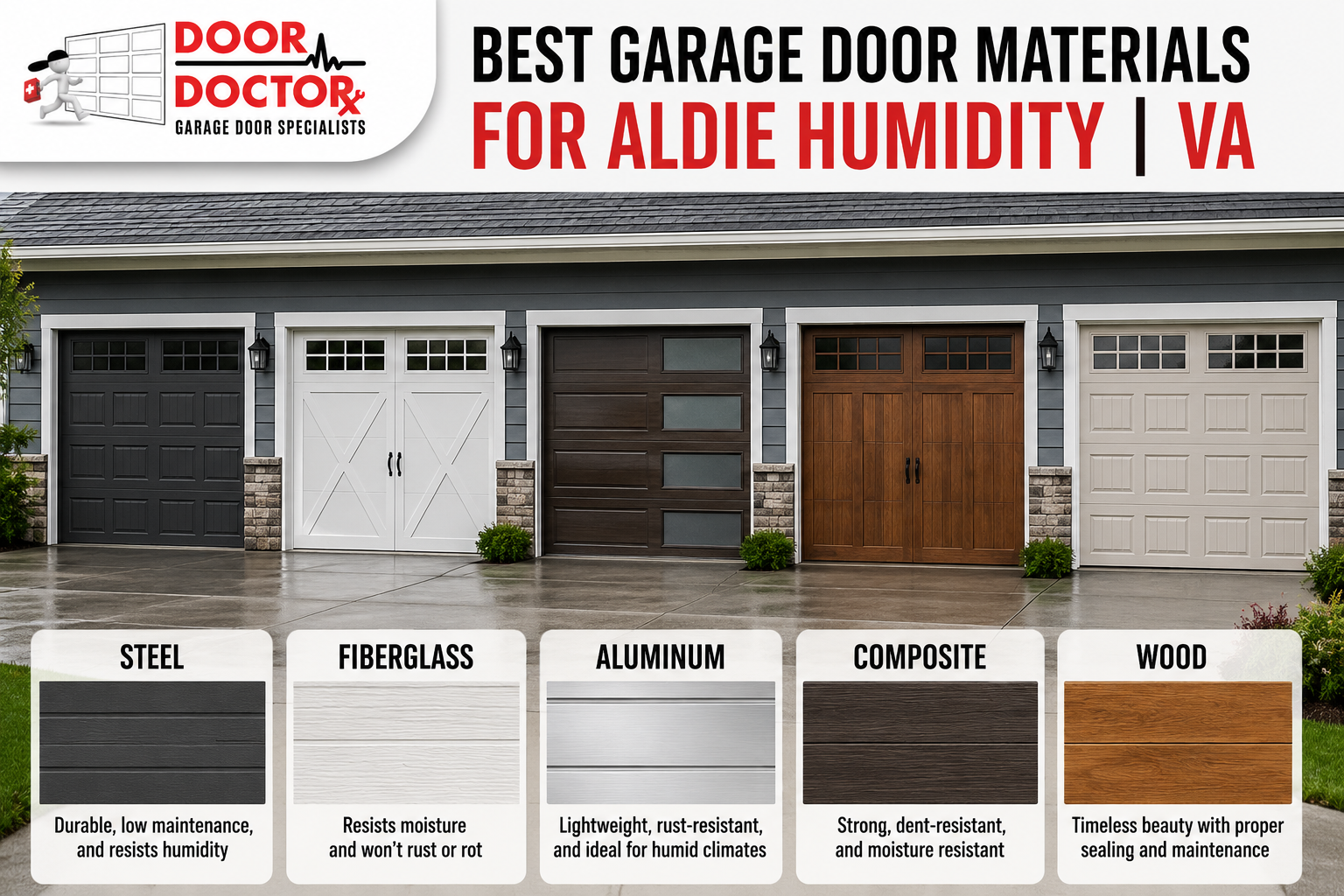 Realistic comparison of garage door materials for Aldie, VA humidity, including steel, fiberglass, aluminum, composite, and wood.
