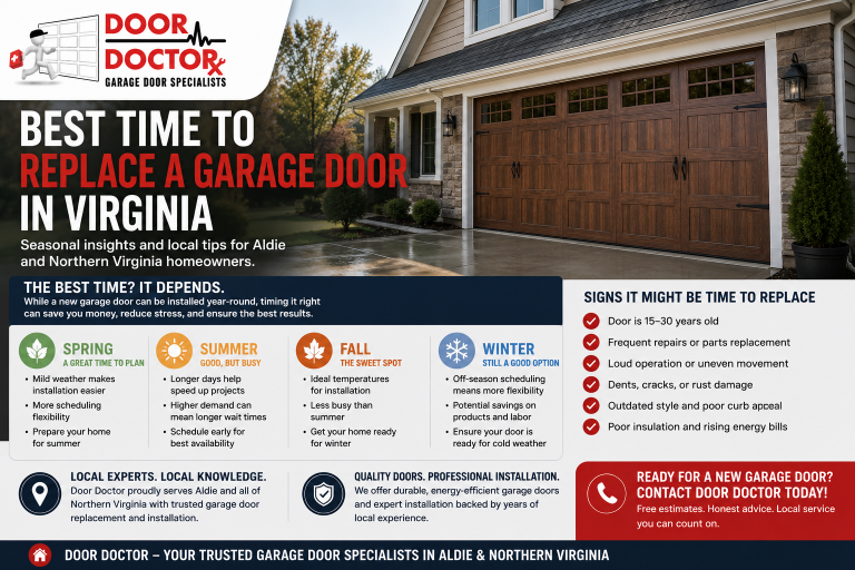 Realistic Virginia home with a new garage door and seasonal replacement tips for Aldie and Northern Virginia homeowners.