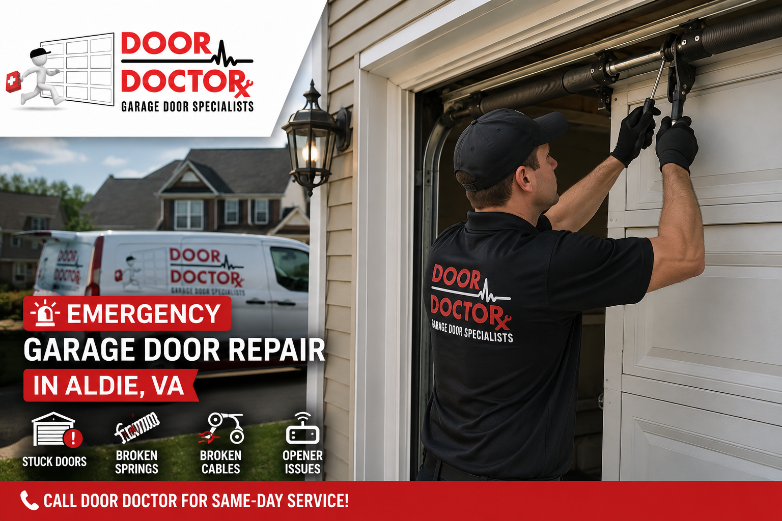 Door Doctor technician repairing a residential garage door during an emergency garage door repair service call in Aldie, VA.