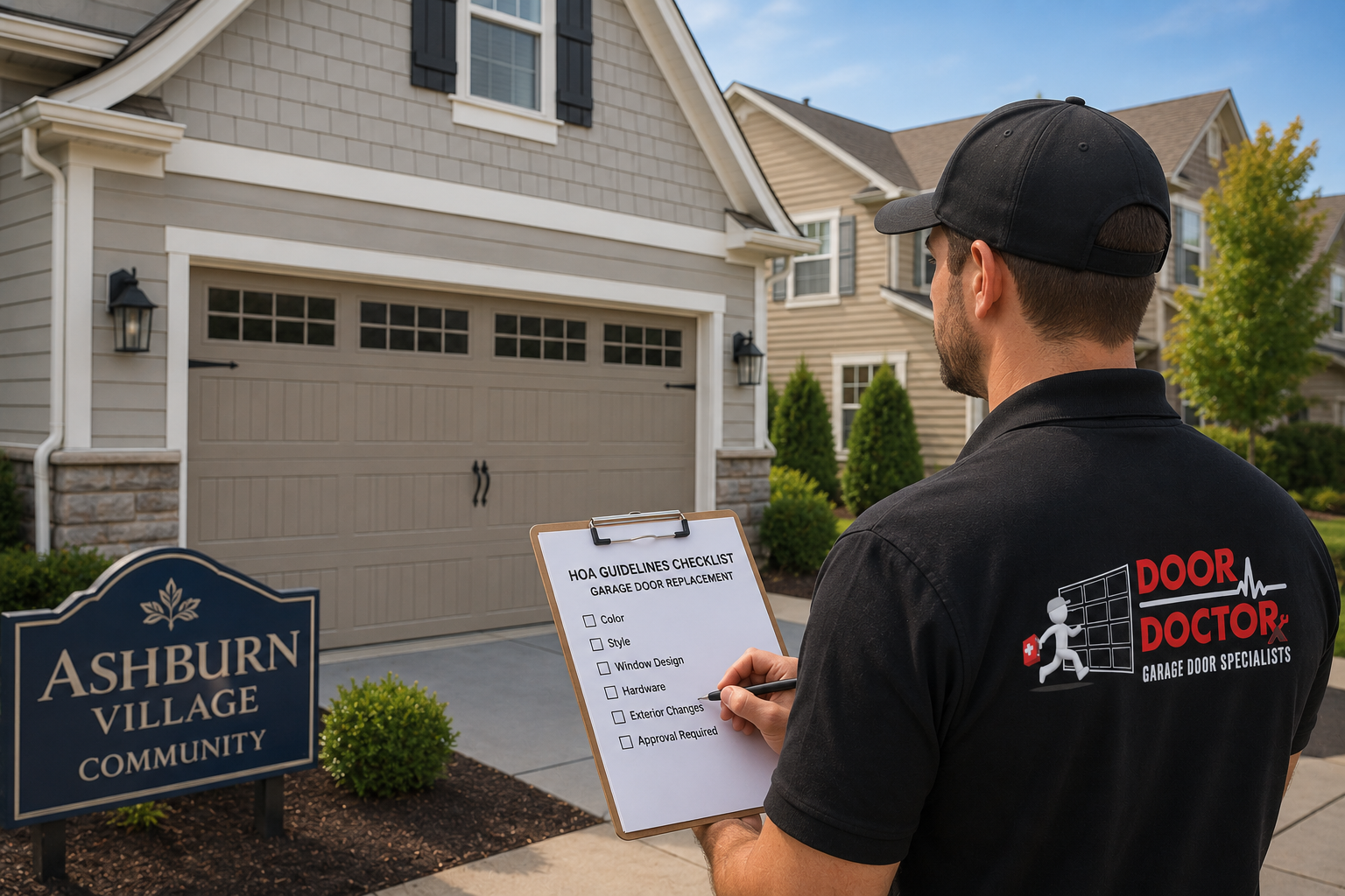 Door Doctor technician reviewing HOA garage door replacement guidelines outside an Ashburn VA home.