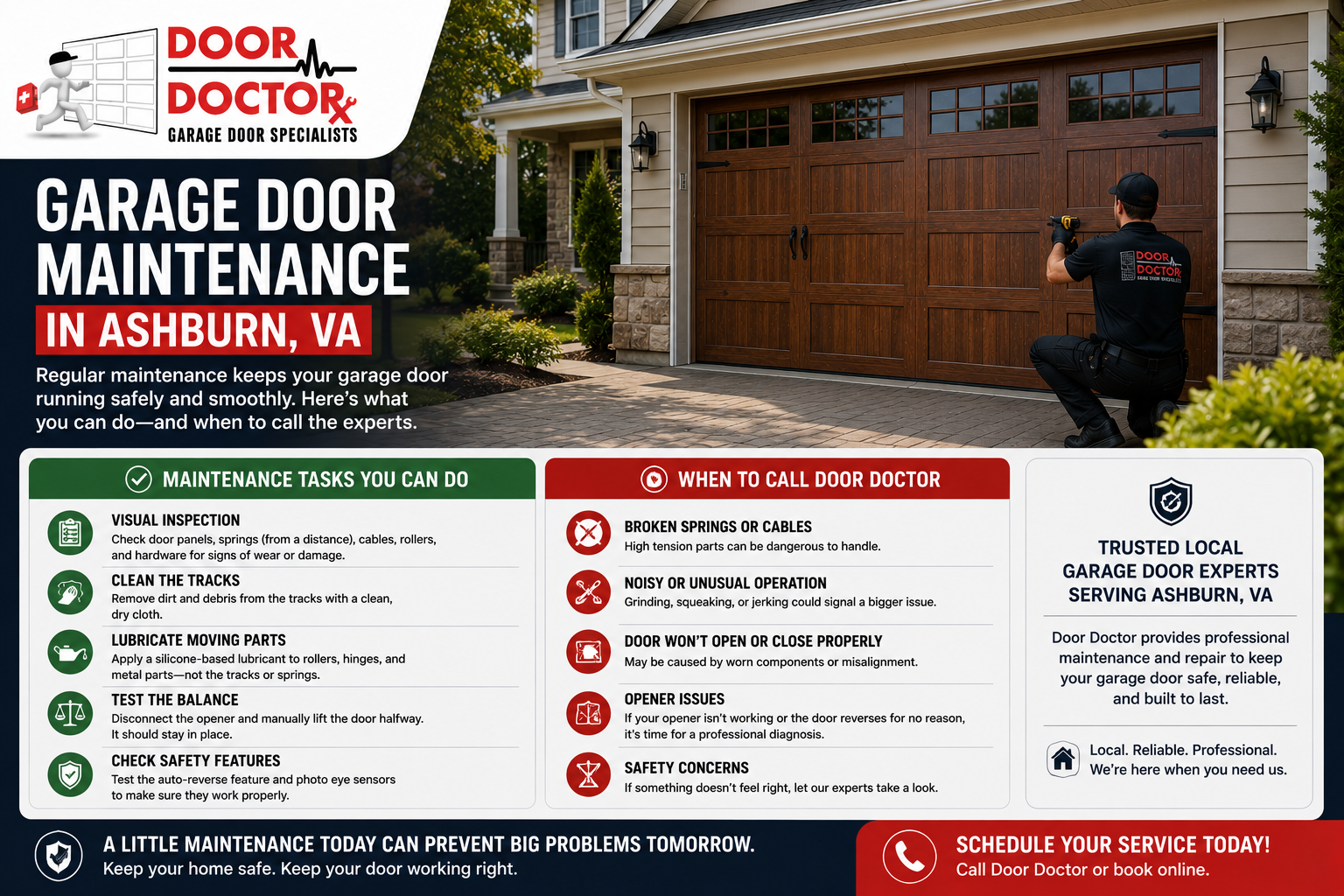 Realistic Door Doctor technician performing garage door maintenance on a residential garage door in Ashburn, VA.