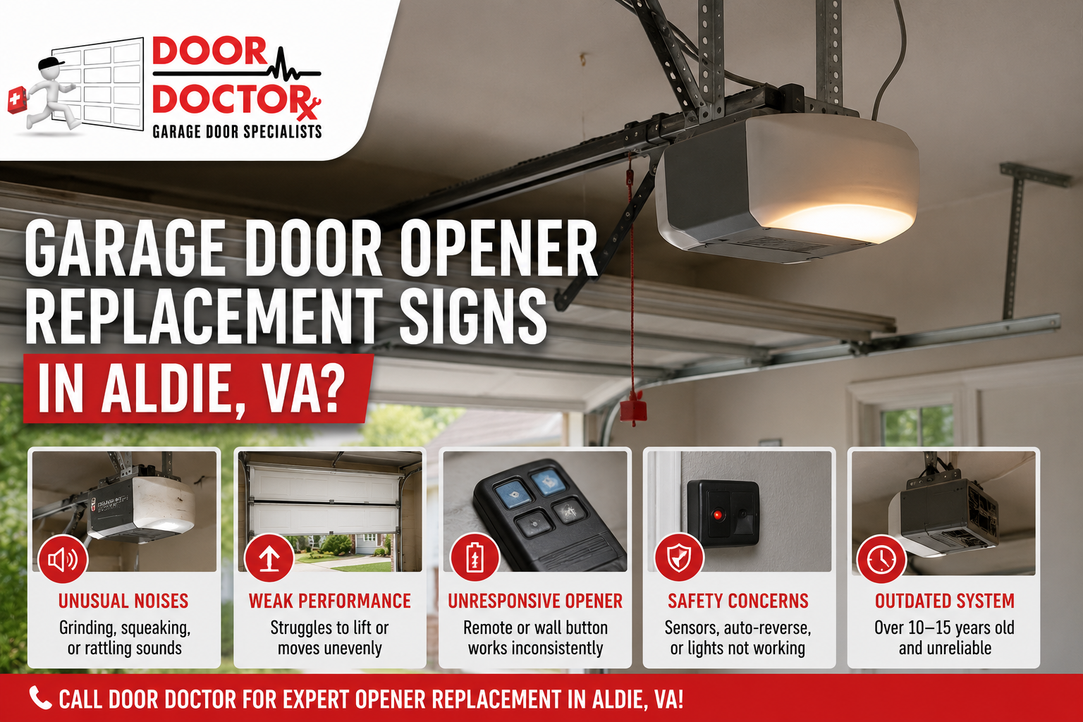 Realistic garage door opener repair scene showing signs a garage door opener may need replacement in an Aldie, VA home.