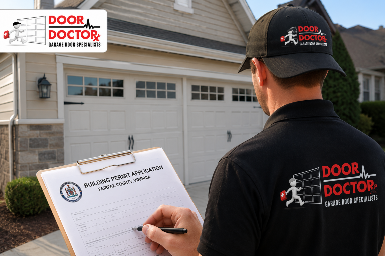 Door Doctor technician reviewing garage door installation paperwork outside a Fairfax County home during a garage door replacement project.
