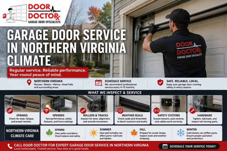 Realistic Door Doctor garage door service scene for a Northern Virginia home, showing maintenance for springs, opener, seals, and safety parts.