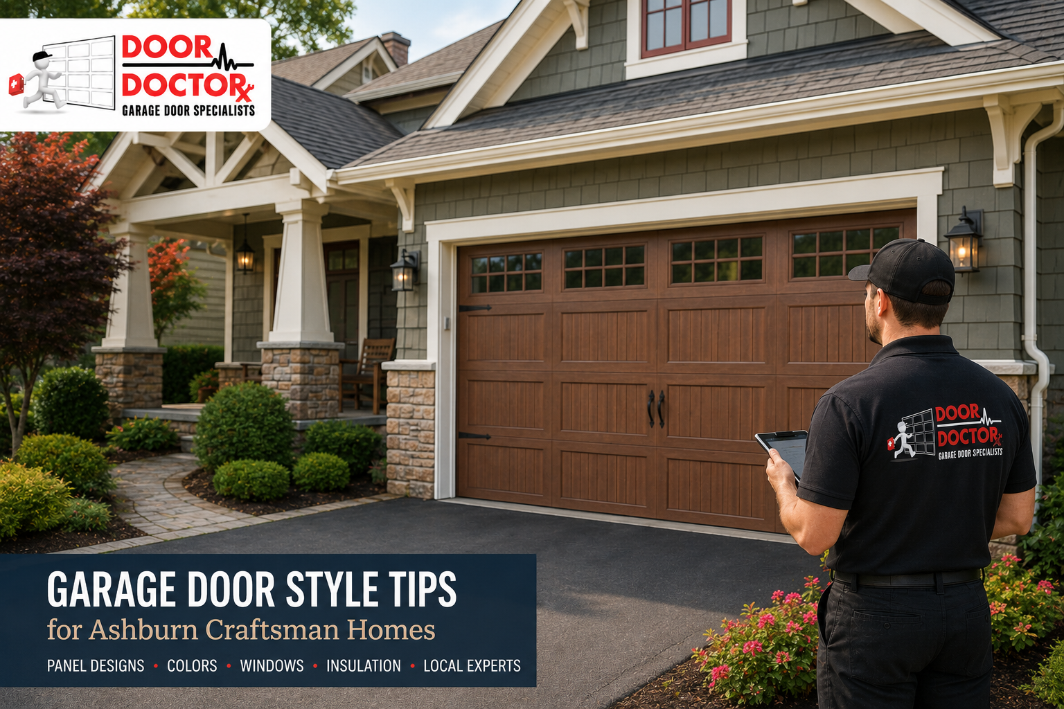 Craftsman style home in Ashburn VA with a wood tone carriage house garage door and Door Doctor branding.
