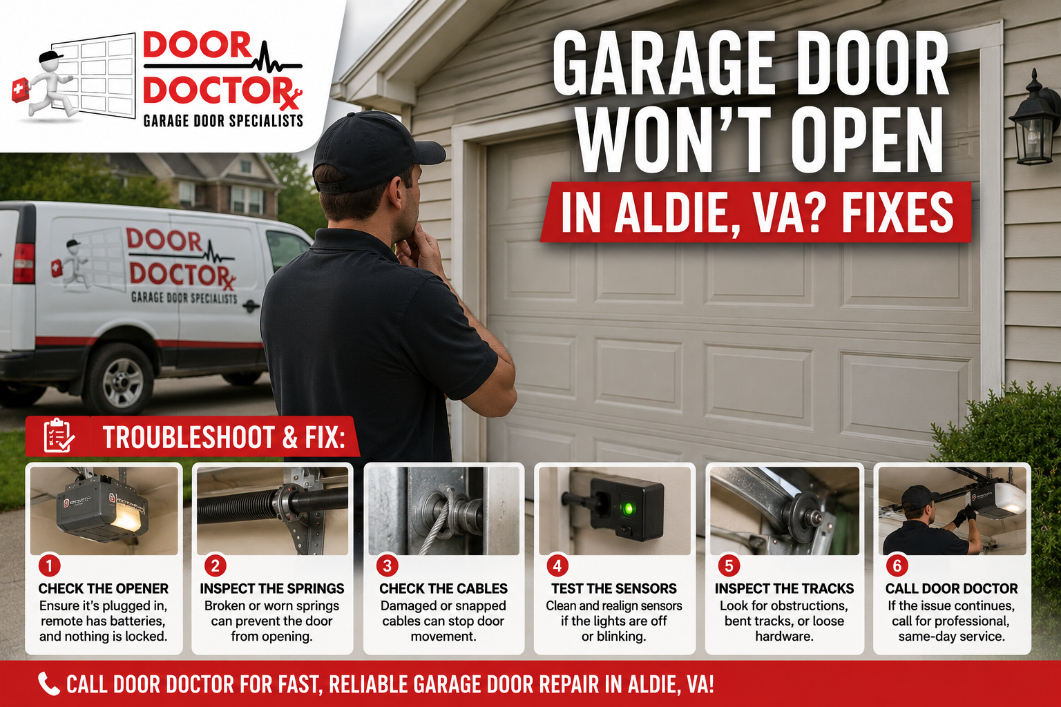 Realistic garage door troubleshooting scene for an Aldie, VA home where the garage door will not open.