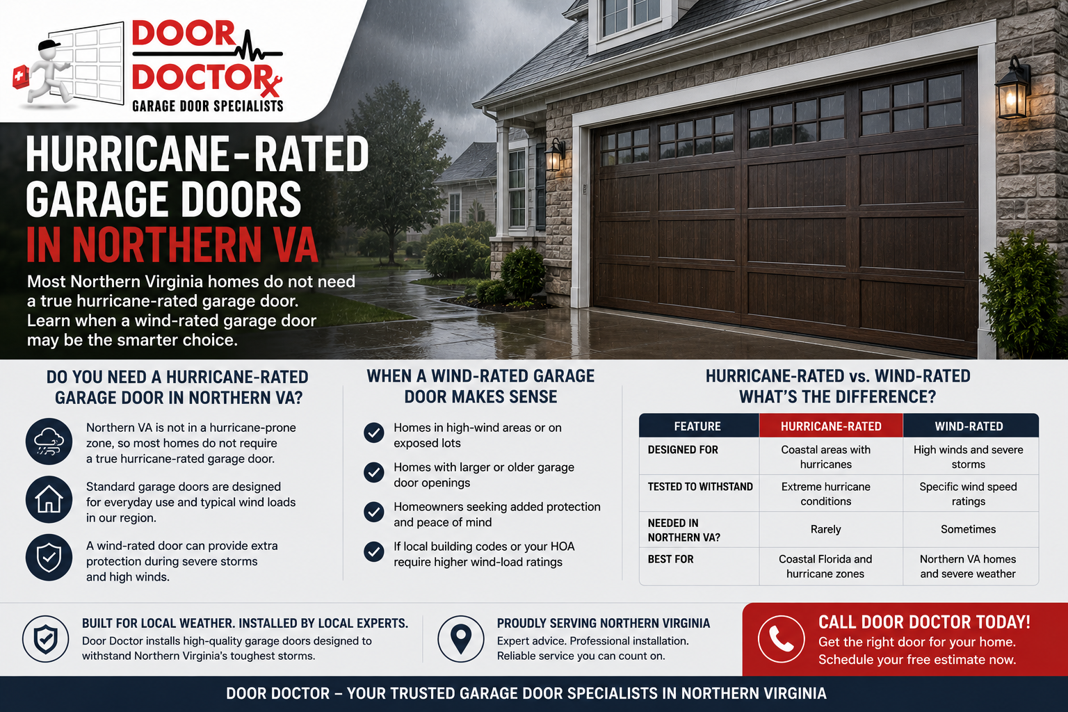 Realistic Northern Virginia home with a durable garage door during stormy weather, comparing hurricane-rated and wind-rated garage door options.