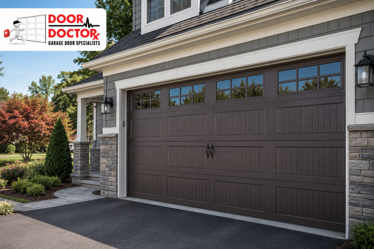 Door Doctor technician inspecting an insulated garage door panel inside a Northern Virginia residential garage.