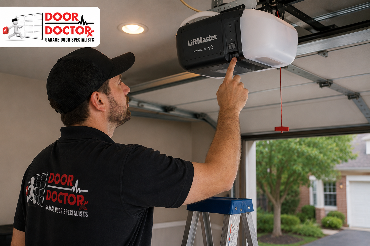 Door Doctor technician resetting a garage door opener inside a McLean VA residential garage after a power outage.
