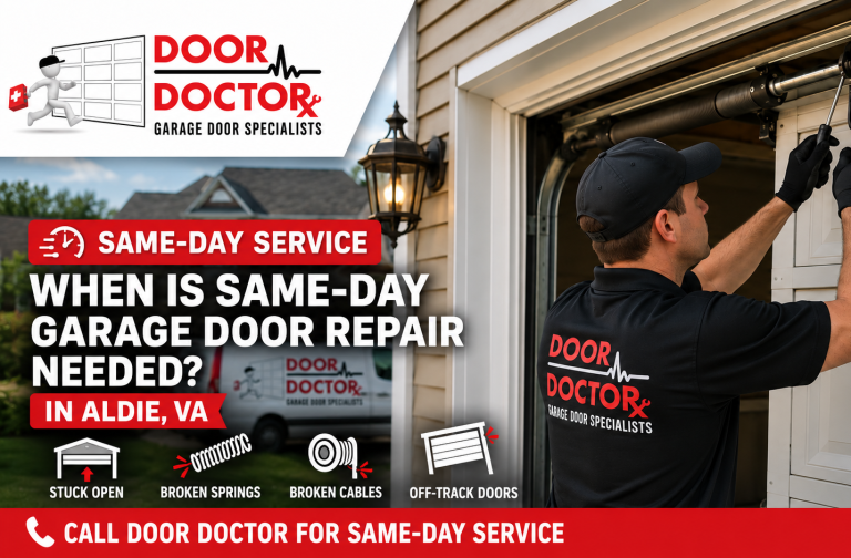 Technician inspecting a damaged garage door for same-day repair
