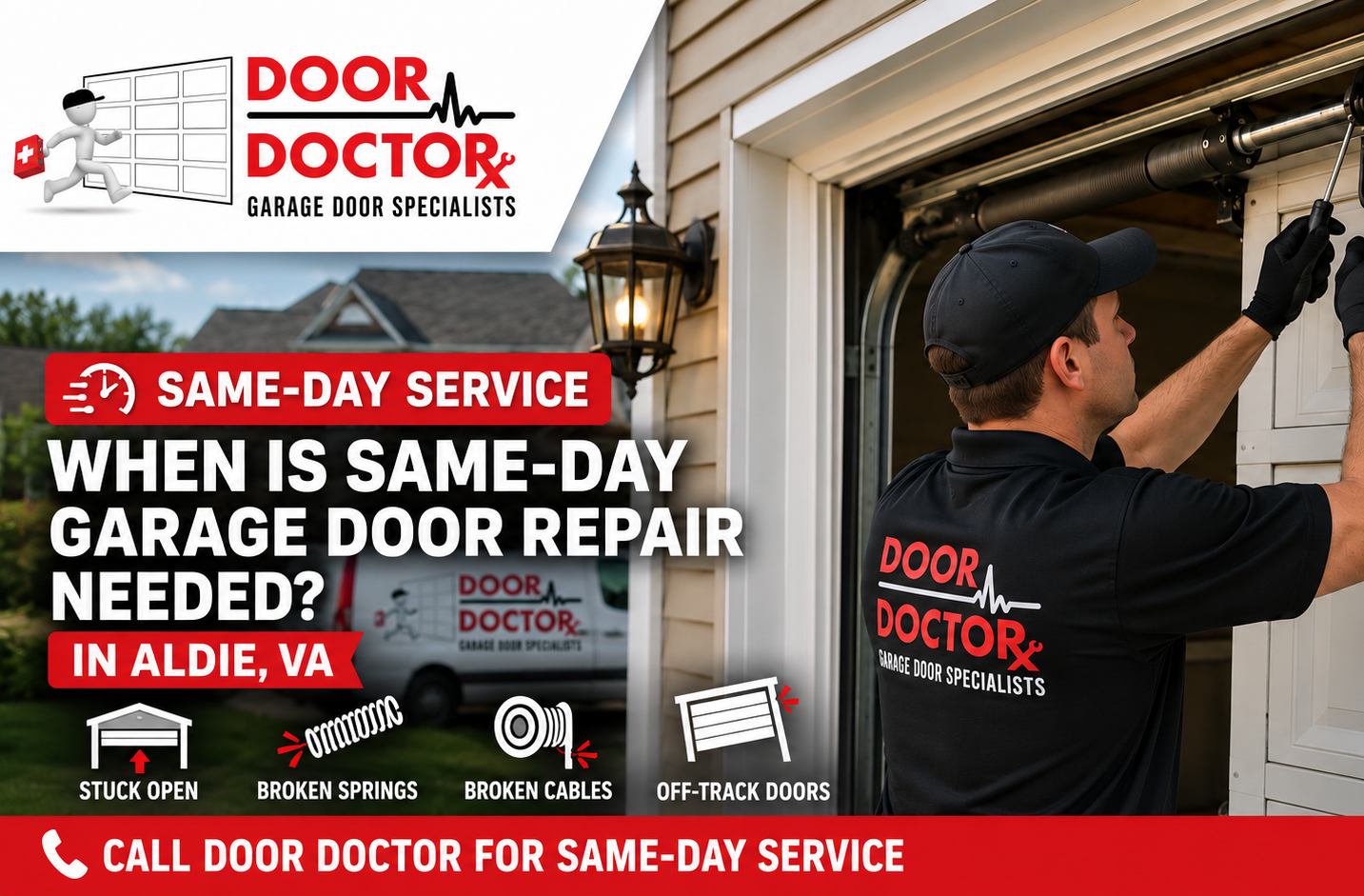 Technician inspecting a damaged garage door for same-day repair