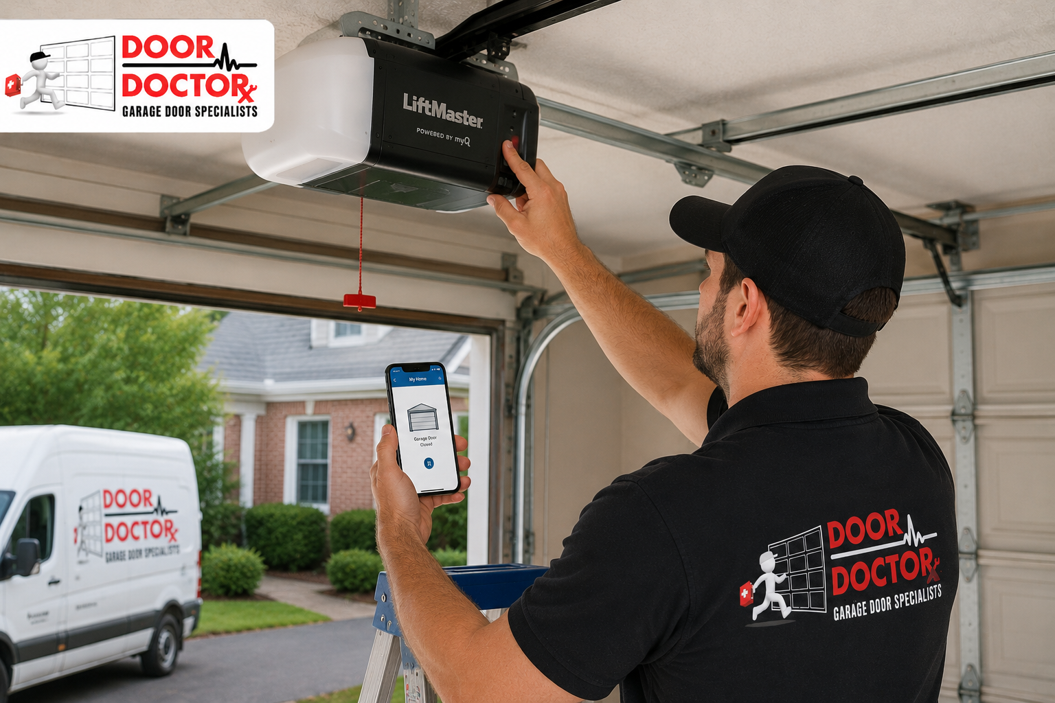 Door Doctor technician testing a smart garage door opener with a phone app inside a Northern Virginia residential garage.