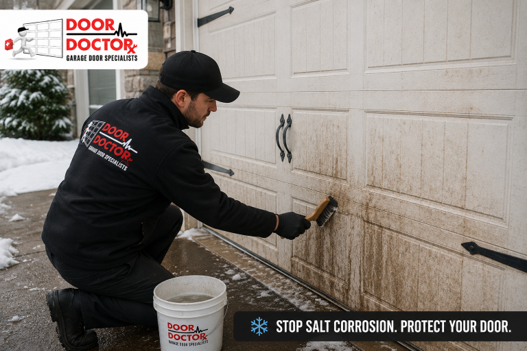Door Doctor technician cleaning road salt and winter grime from a residential garage door in Northern Virginia.