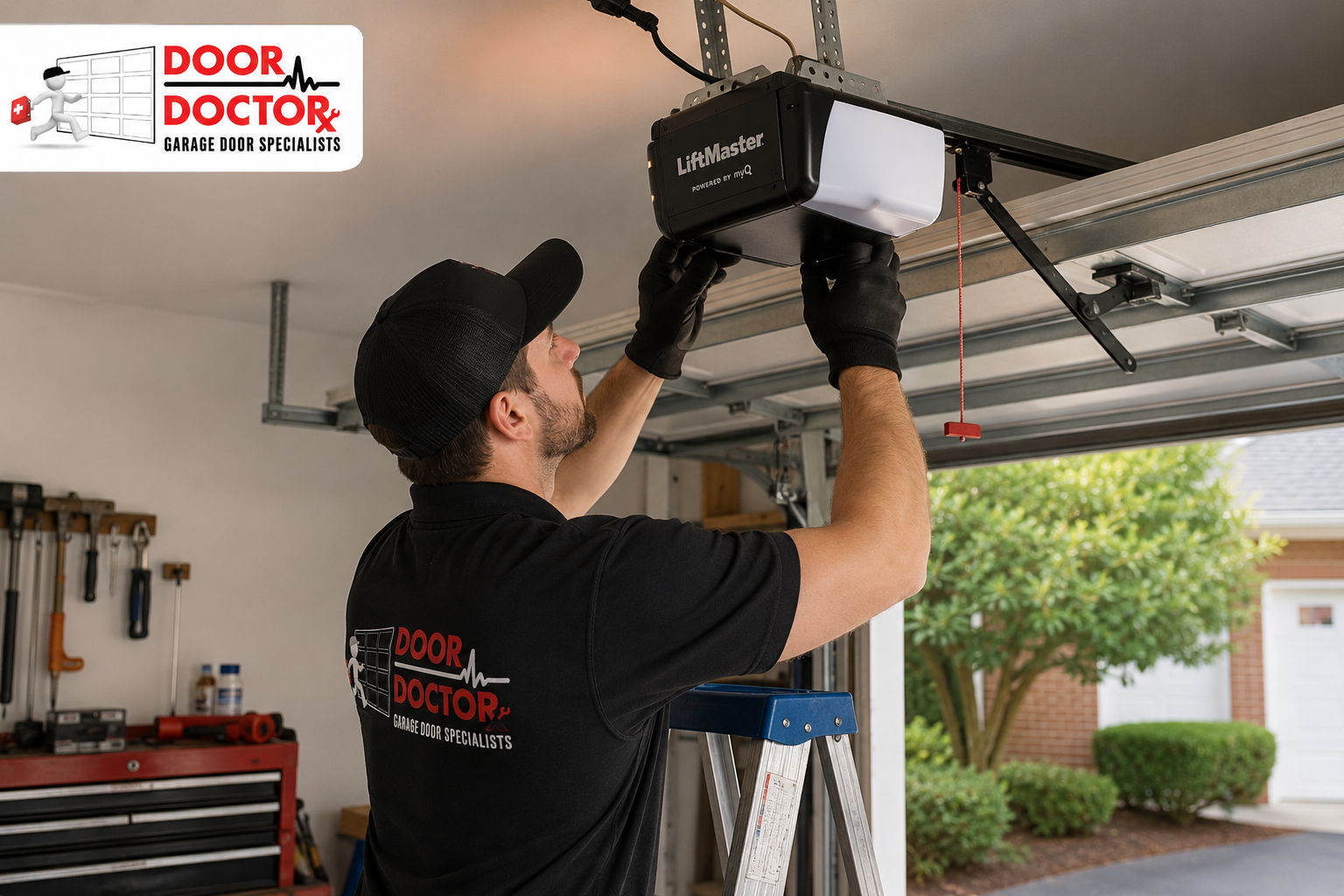 Door Doctor technician installing a Wi-Fi garage door opener for a McLean VA homeowner inside a residential garage.