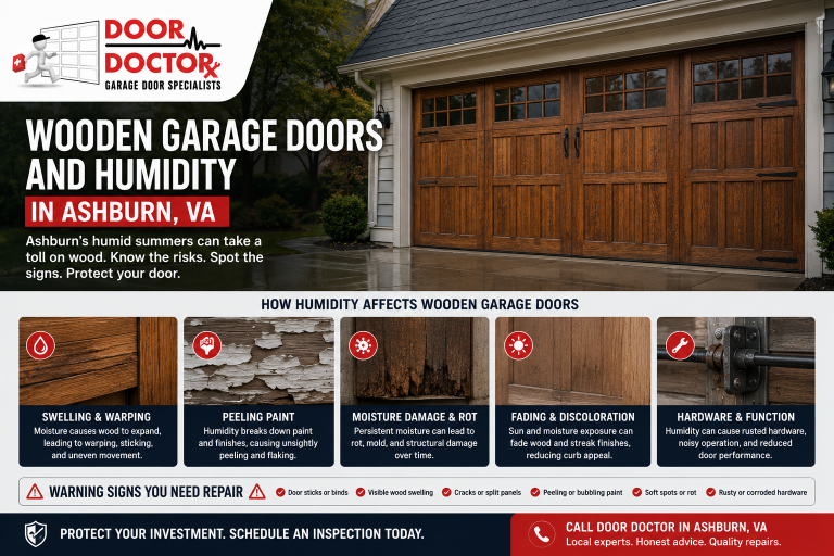 Realistic wooden garage door on an Ashburn, VA home showing signs of humidity-related swelling, peeling paint, and moisture wear.