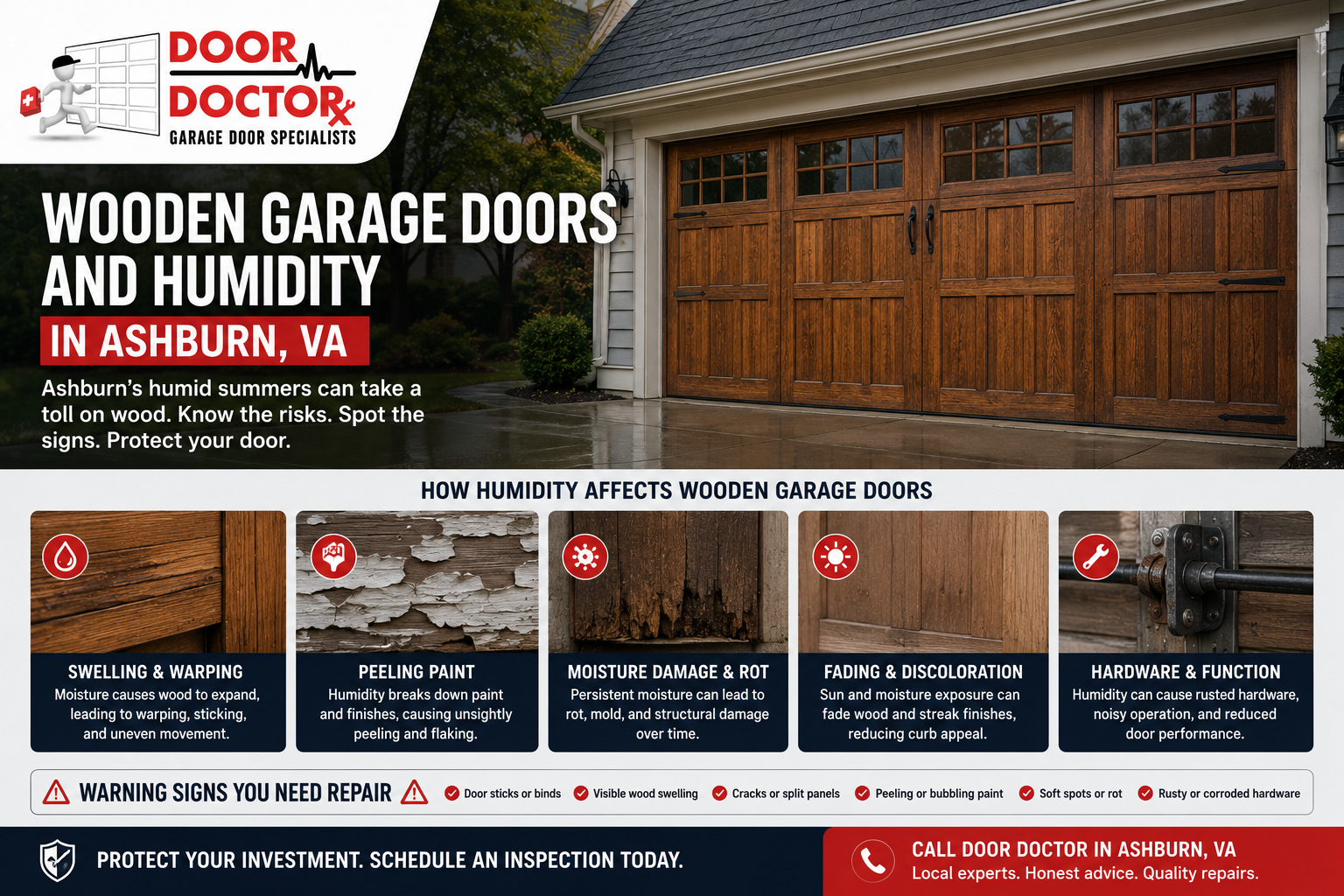 Realistic wooden garage door on an Ashburn, VA home showing signs of humidity-related swelling, peeling paint, and moisture wear.