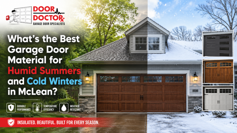 Door Doctor featured image showing a McLean home with a garage door in split summer and winter conditions, highlighting durable garage door materials for humid summers and cold winters.