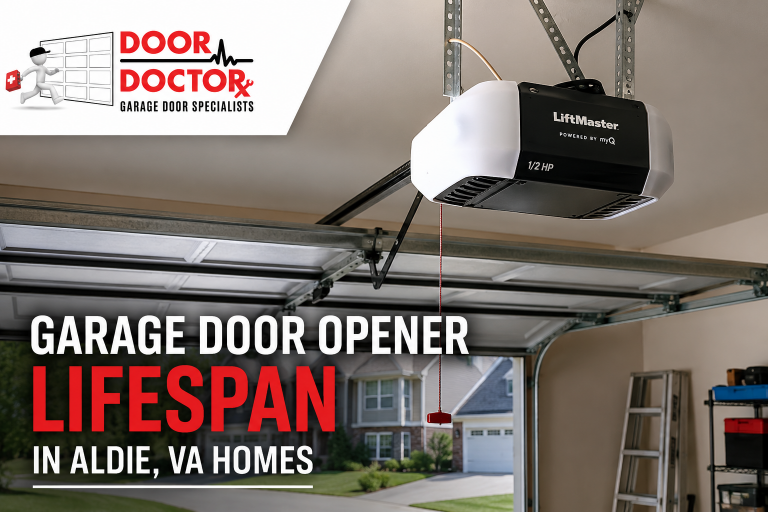 Realistic garage interior with ceiling-mounted garage door opener for a Door Doctor guide on opener lifespan in Aldie, VA homes.