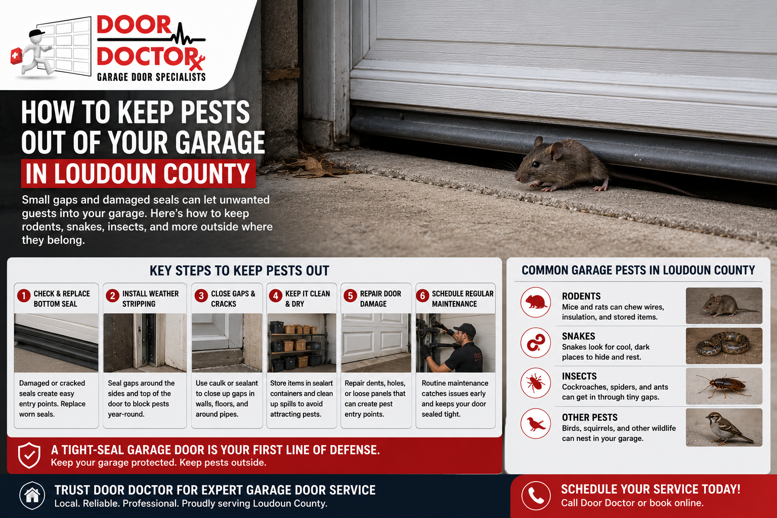 Realistic Loudoun County garage door seal and weather stripping scene showing how small gaps can let pests into a garage.