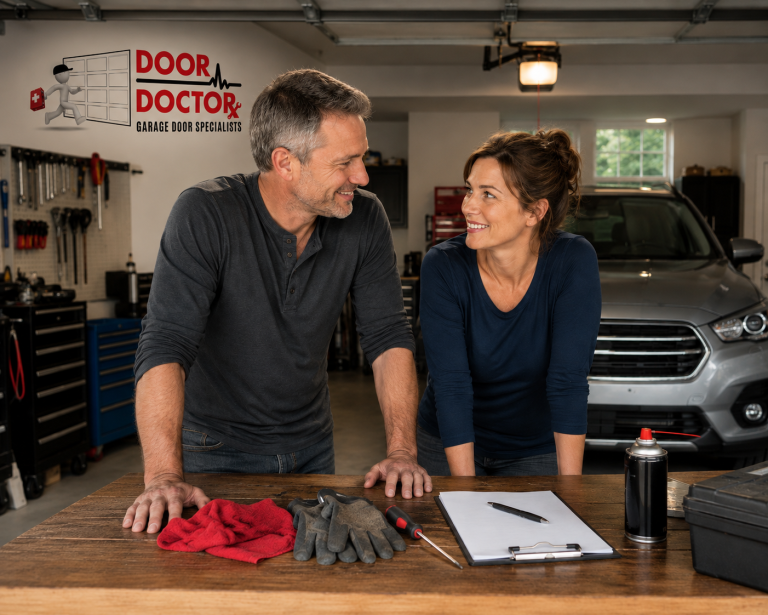 Middle-aged homeowners reviewing garage door maintenance in a residential garage.