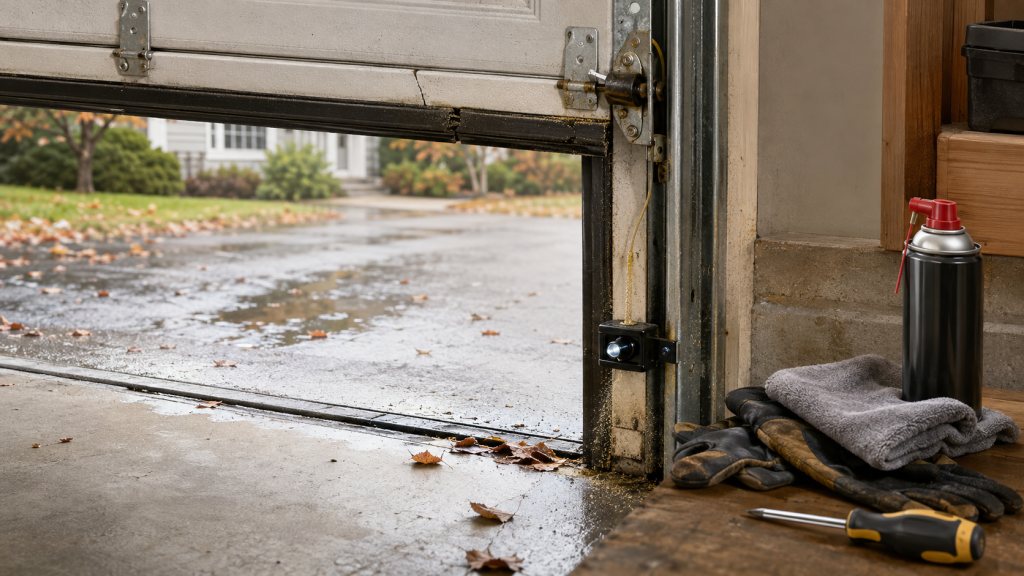 Wet garage doorway with leaves and sensor showing weather-related maintenance issues.