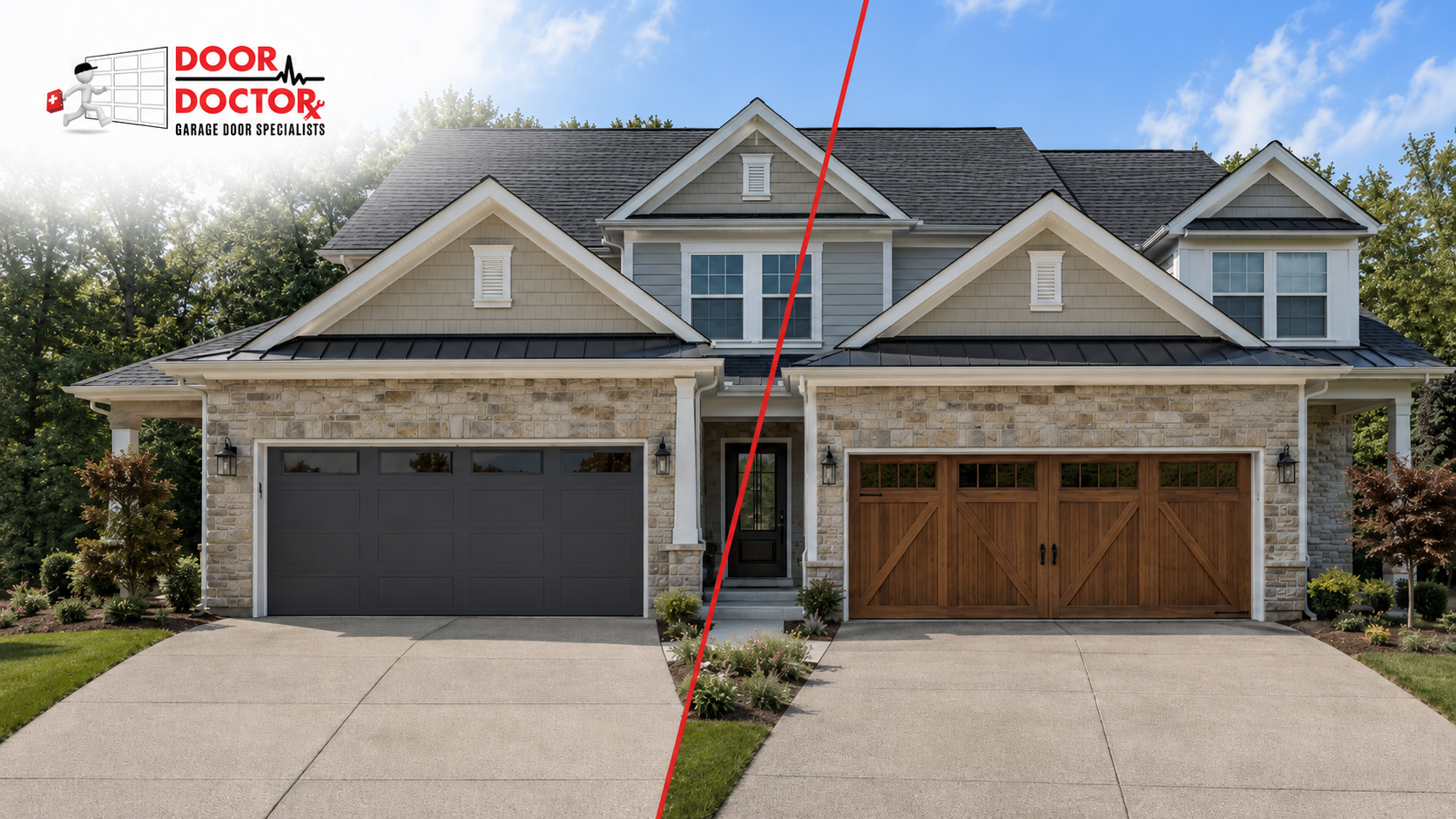 Steel and wood garage doors compared on the same Northern Virginia home.