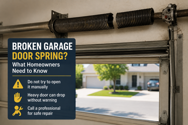 Broken garage door torsion spring above a partially open residential door.