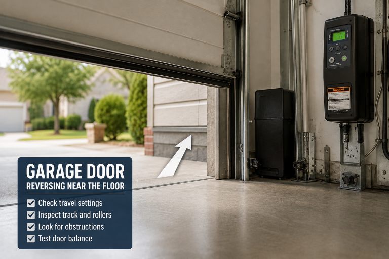 Garage door reverses near the floor beside tracks and opener controls.
