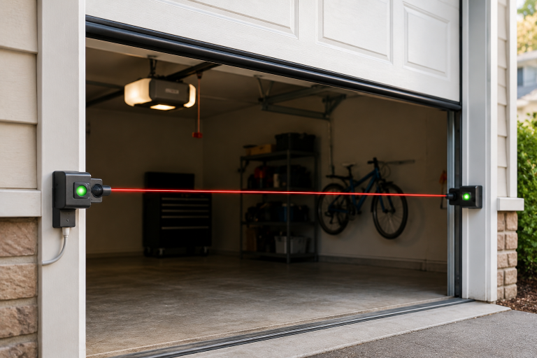 Aligned garage door safety sensors with green lights beneath a partially open door.