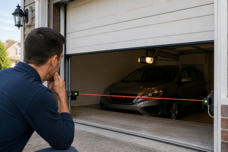 Homeowner checks garage door safety sensors while the door stays partially open.