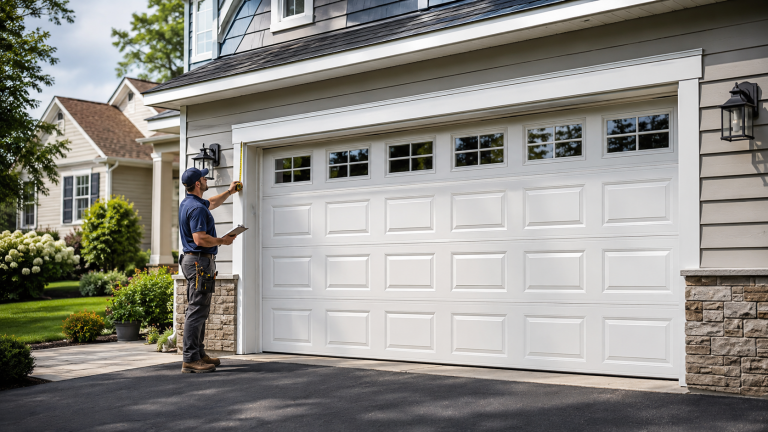 Technician measures a replacement garage door opening at a Leesburg home.