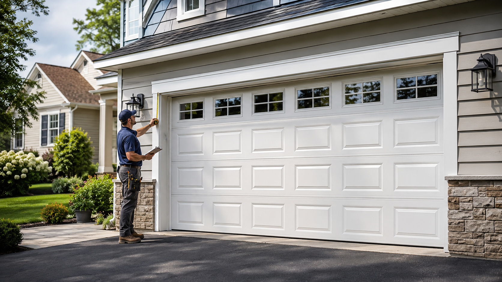 Technician measures a replacement garage door opening at a Leesburg home.