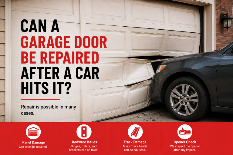 Car impacts a damaged residential garage door with bent lower panels.