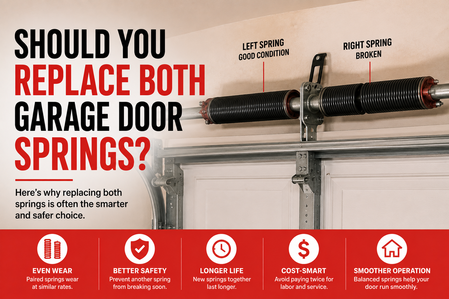 Paired garage door torsion springs showing one broken and one intact spring.