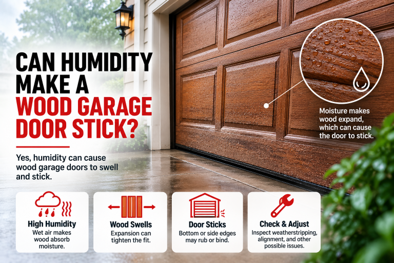 Wood garage door swells and sticks along the bottom in humid weather.