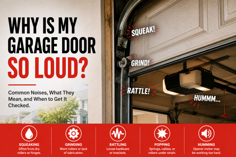 Noisy garage door hardware with rollers, tracks, and opener components highlighted.